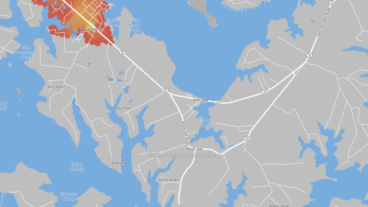 Walk Grade map of 21653, MD, walkable areas in green and car-dependent areas in red