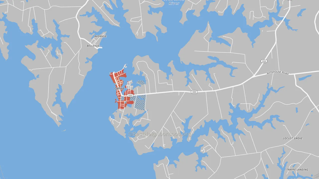 Walk Grade map of 21654, MD, walkable areas in green and car-dependent areas in red