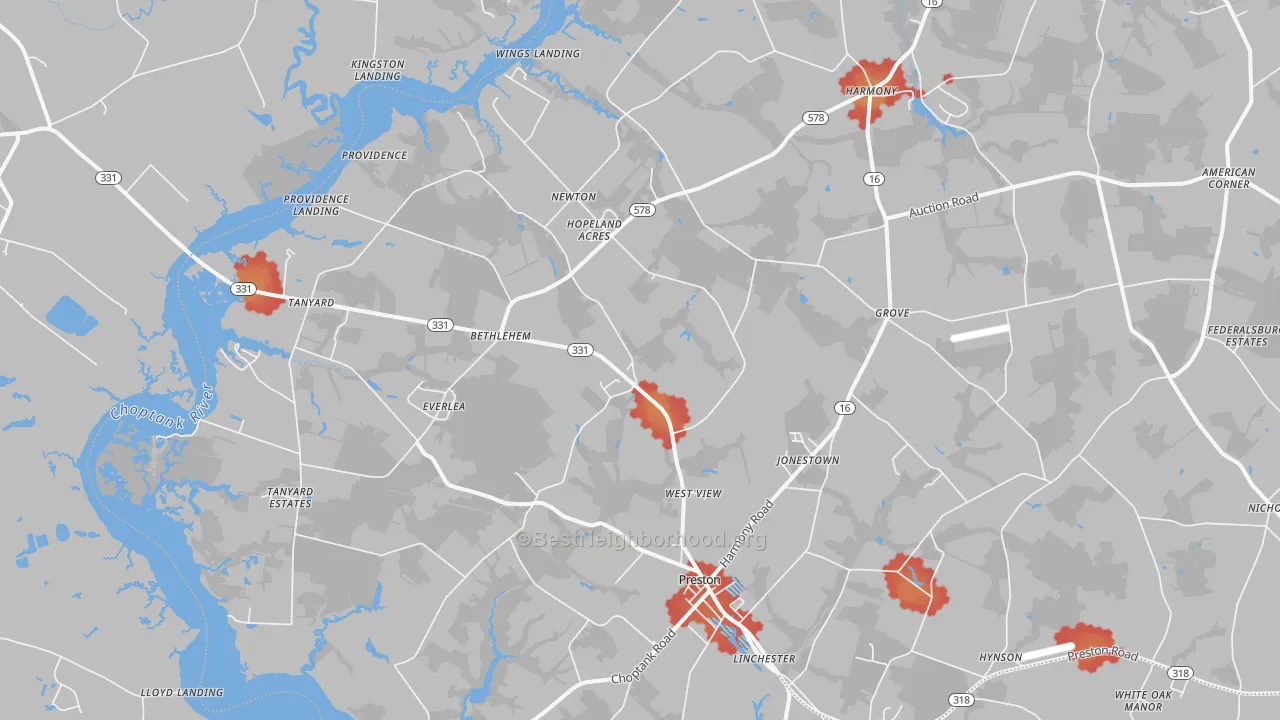 Walk Grade map of 21655, MD, walkable areas in green and car-dependent areas in red
