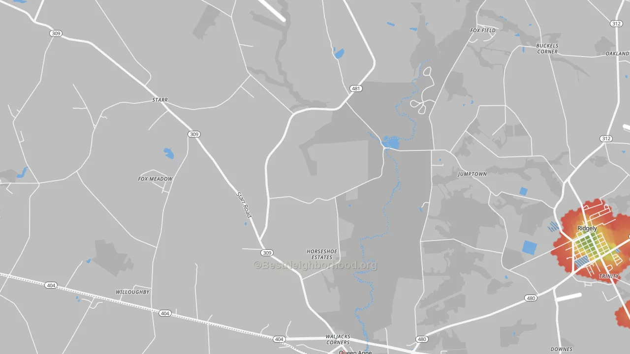 Walk Grade map of 21657, MD, walkable areas in green and car-dependent areas in red