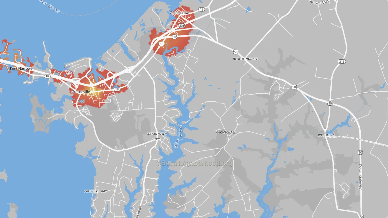 Walk Grade map of 21658, MD, walkable areas in green and car-dependent areas in red