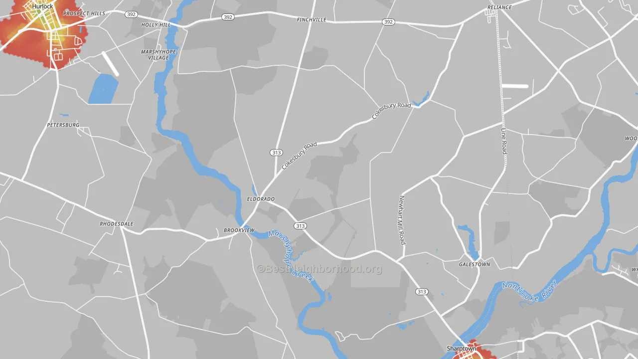 Walk Grade map of 21659, MD, walkable areas in green and car-dependent areas in red