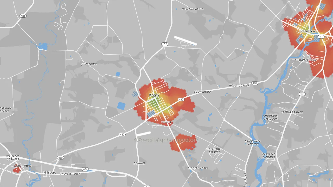 Walk Grade map of 21660, MD, walkable areas in green and car-dependent areas in red