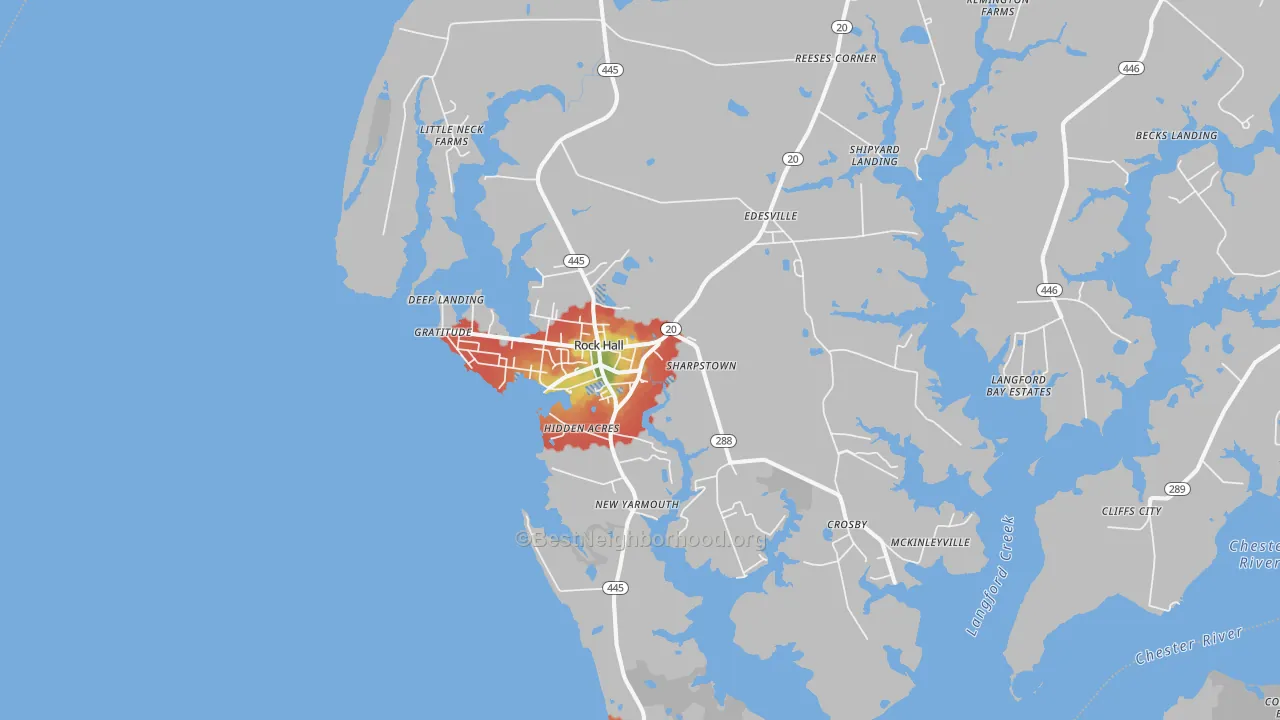 Walk Grade map of 21661, MD, walkable areas in green and car-dependent areas in red
