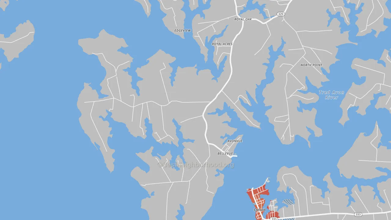 Walk Grade map of 21662, MD, walkable areas in green and car-dependent areas in red