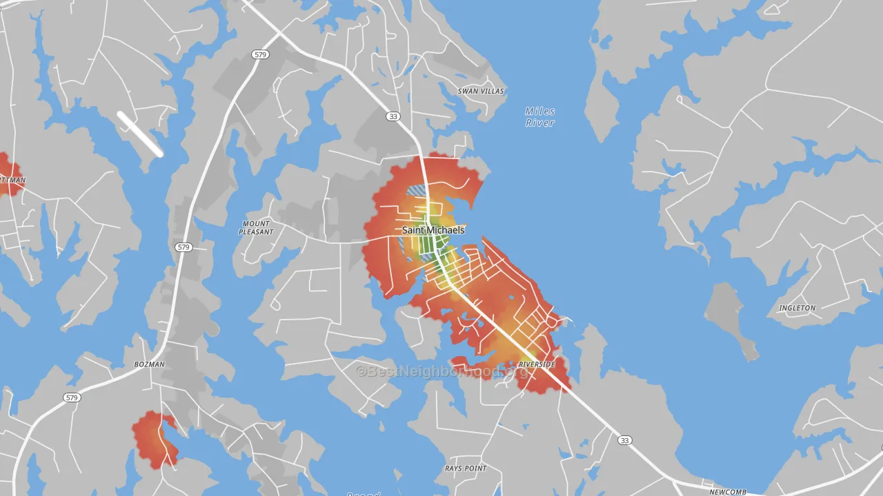 Walk Grade map of 21663, MD, walkable areas in green and car-dependent areas in red