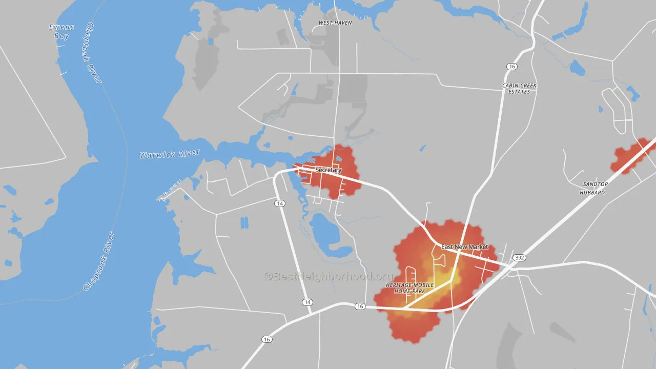 Walk Grade map of 21664, MD, walkable areas in green and car-dependent areas in red