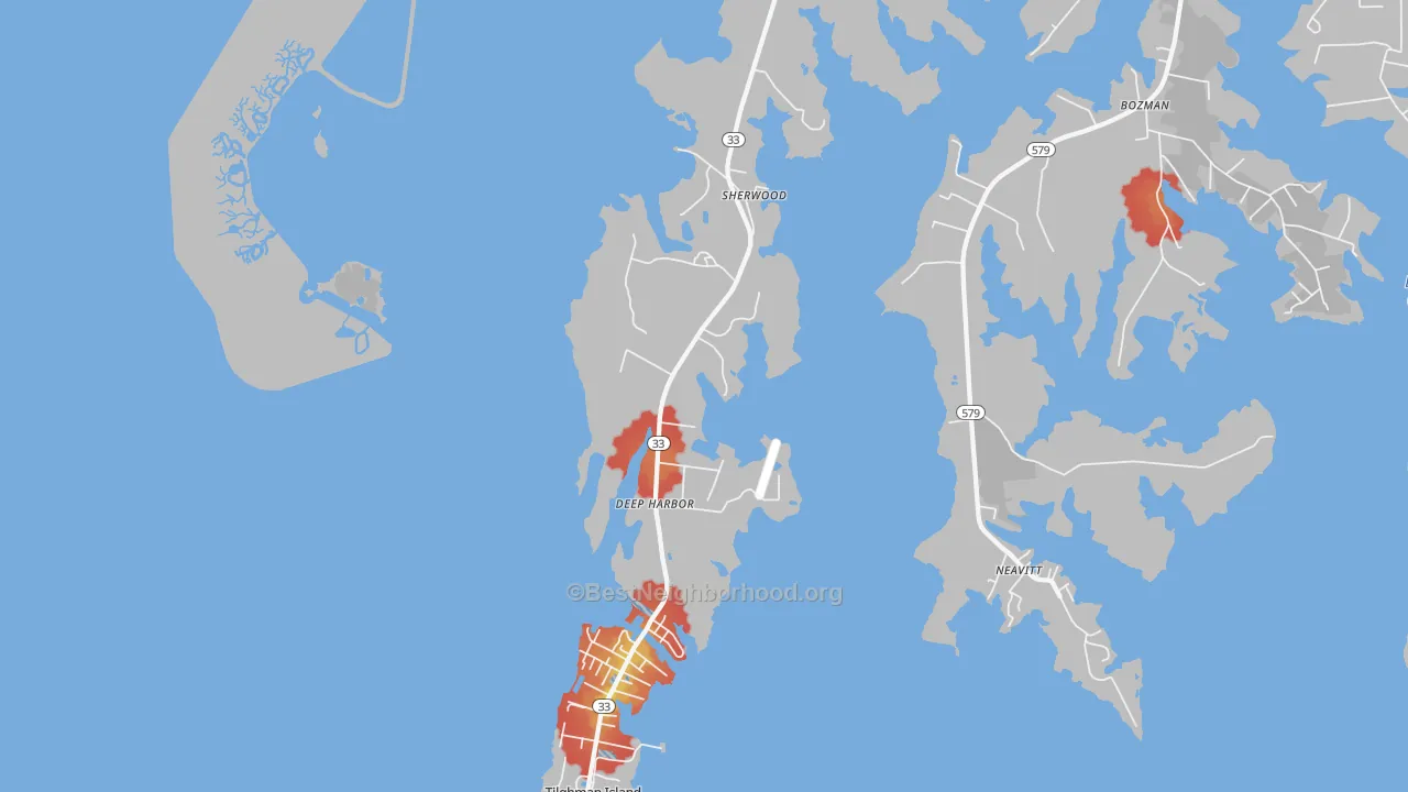 Walk Grade map of 21665, MD, walkable areas in green and car-dependent areas in red