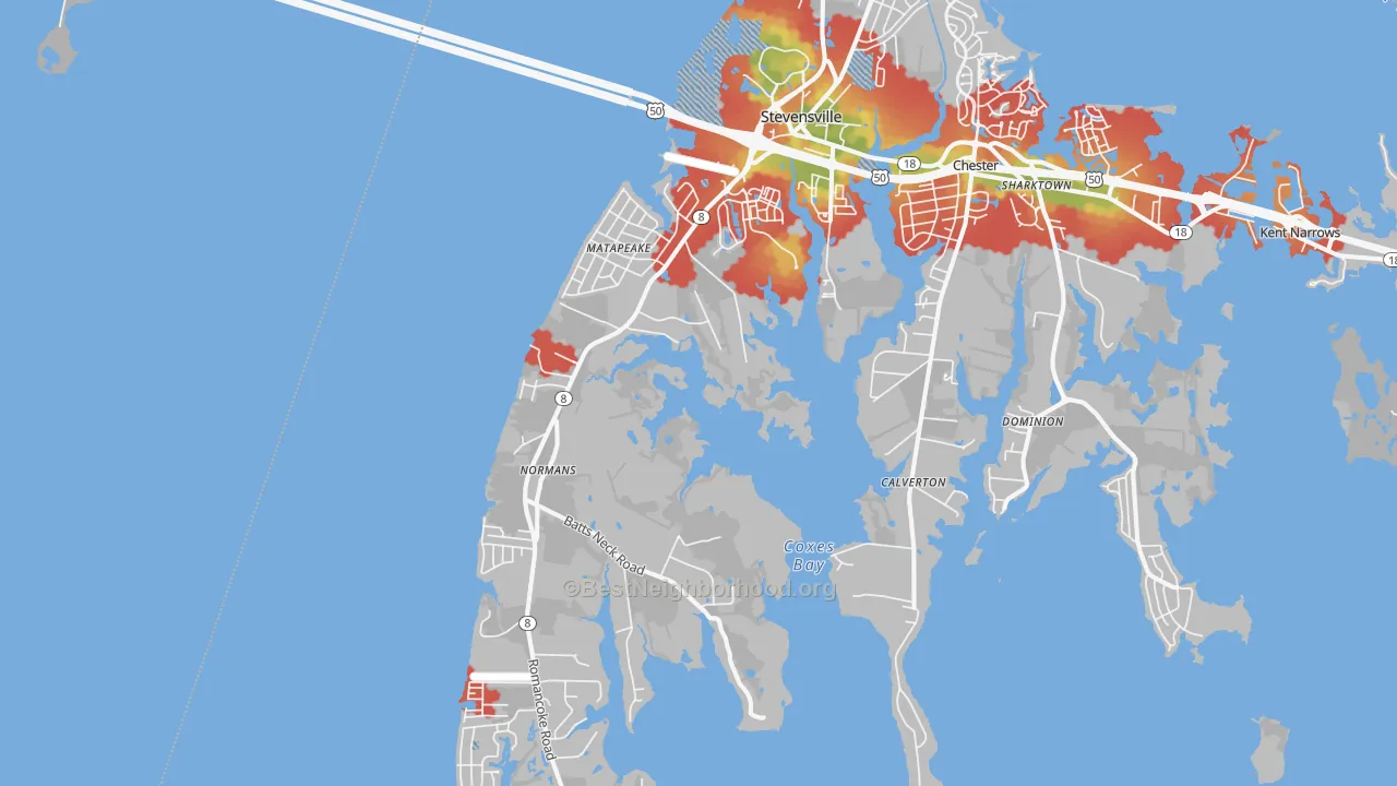 Walk Grade map of 21666, MD, walkable areas in green and car-dependent areas in red