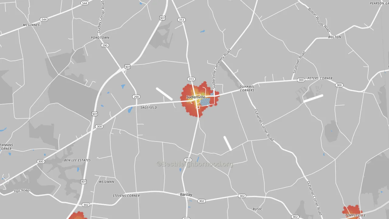 Walk Grade map of 21668, MD, walkable areas in green and car-dependent areas in red