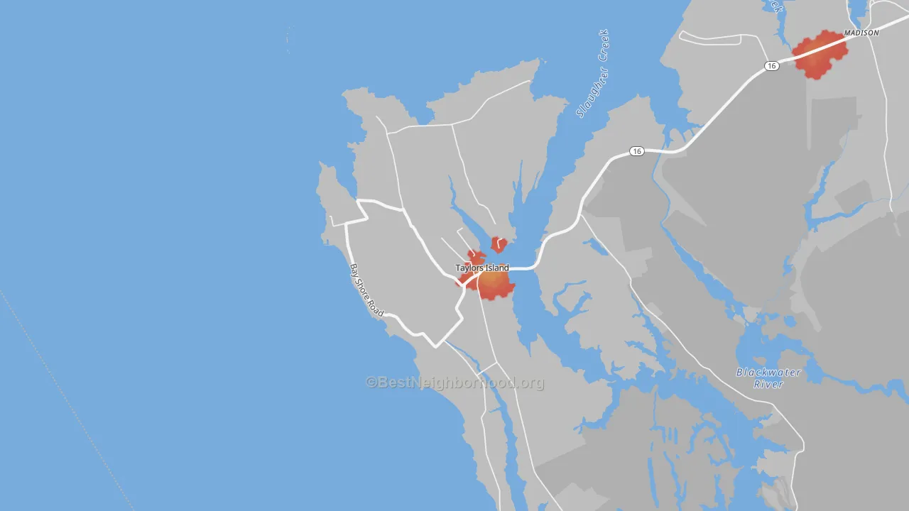 Walk Grade map of 21669, MD, walkable areas in green and car-dependent areas in red