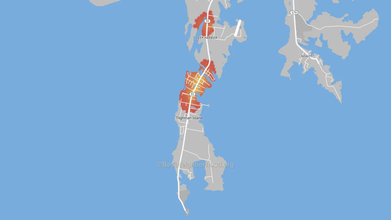 Walk Grade map of 21671, MD, walkable areas in green and car-dependent areas in red