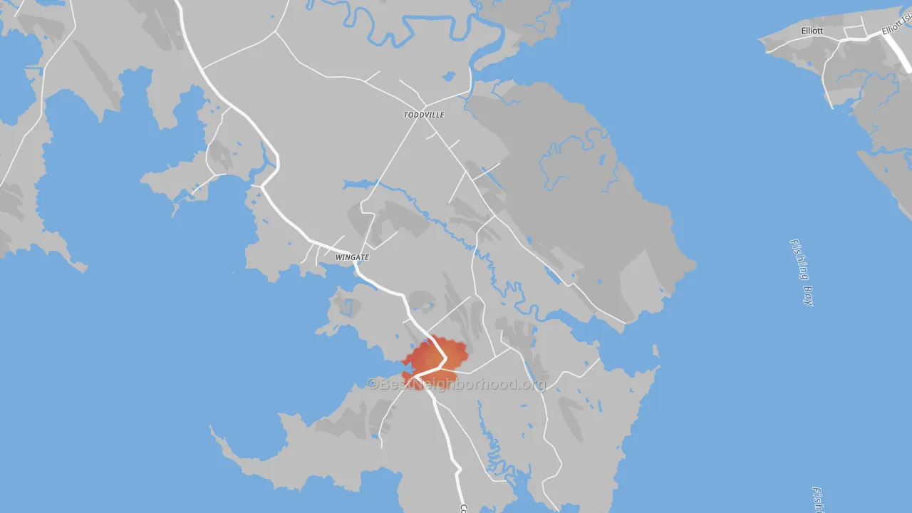 Walk Grade map of 21672, MD, walkable areas in green and car-dependent areas in red