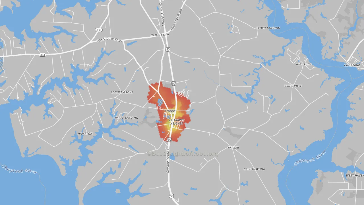Walk Grade map of 21673, MD, walkable areas in green and car-dependent areas in red