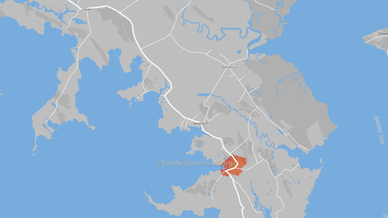 Walk Grade map of 21675, MD, walkable areas in green and car-dependent areas in red
