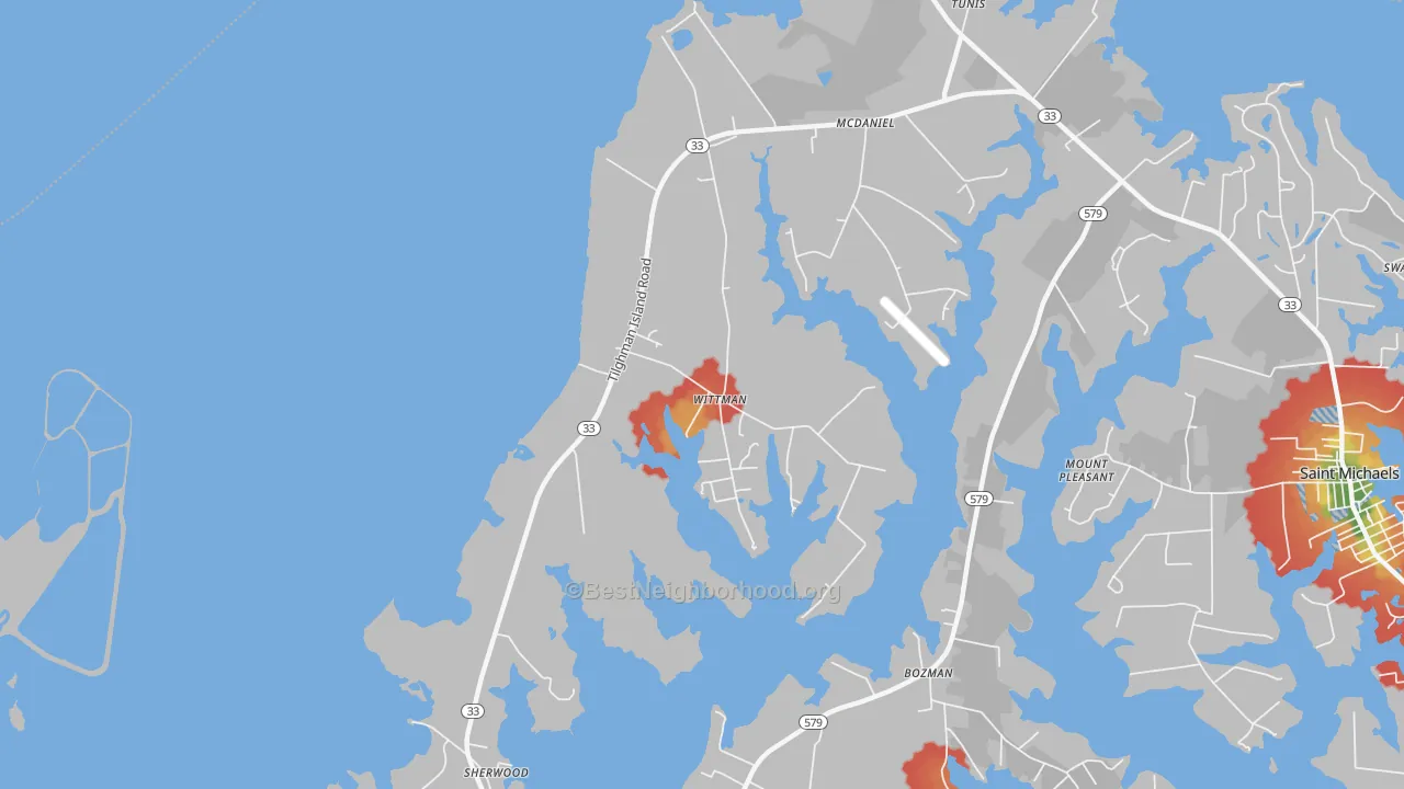 Walk Grade map of 21676, MD, walkable areas in green and car-dependent areas in red