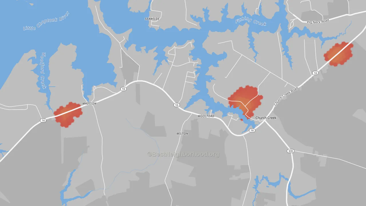 Walk Grade map of 21677, MD, walkable areas in green and car-dependent areas in red