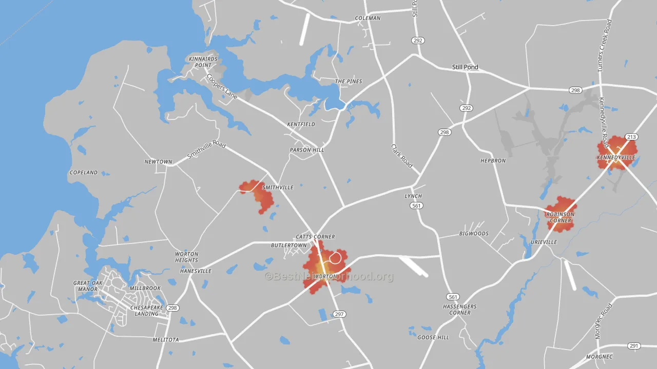 Walk Grade map of 21678, MD, walkable areas in green and car-dependent areas in red