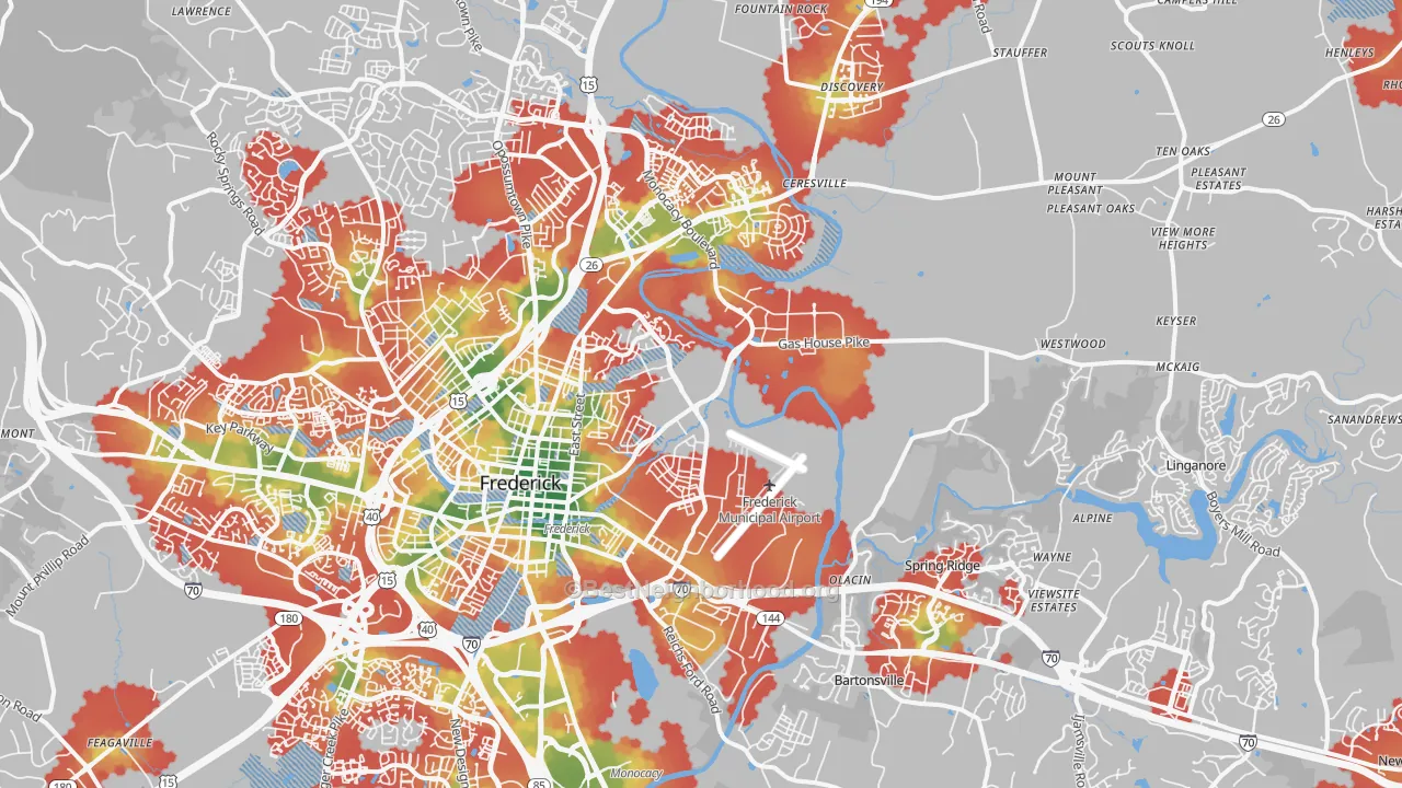 Walk Grade map of 21701, MD, walkable areas in green and car-dependent areas in red