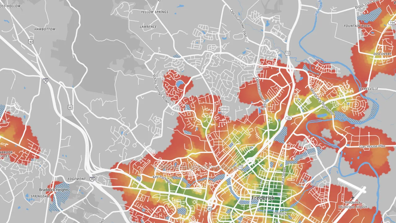 Walk Grade map of 21702, MD, walkable areas in green and car-dependent areas in red