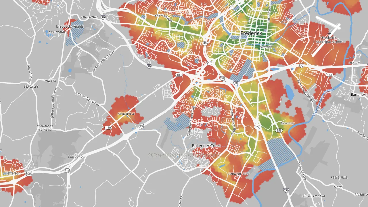 Walk Grade map of 21703, MD, walkable areas in green and car-dependent areas in red