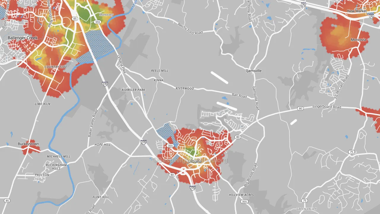 Walk Grade map of 21704, MD, walkable areas in green and car-dependent areas in red