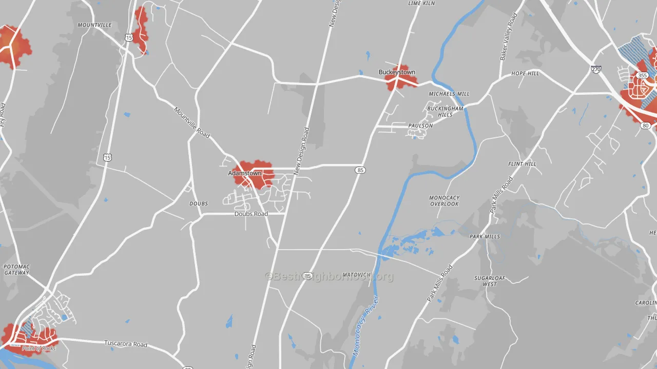 Walk Grade map of 21710, MD, walkable areas in green and car-dependent areas in red