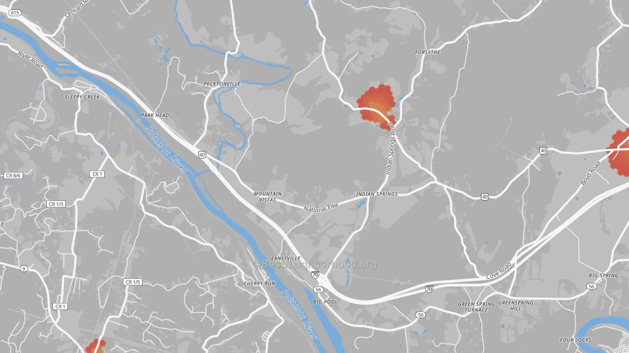 Walk Grade map of 21711, MD, walkable areas in green and car-dependent areas in red