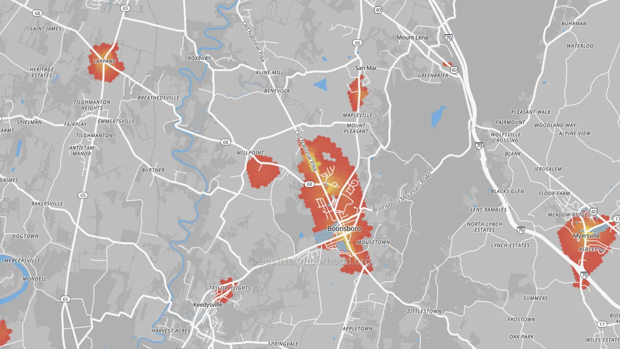 Walk Grade map of 21713, MD, walkable areas in green and car-dependent areas in red
