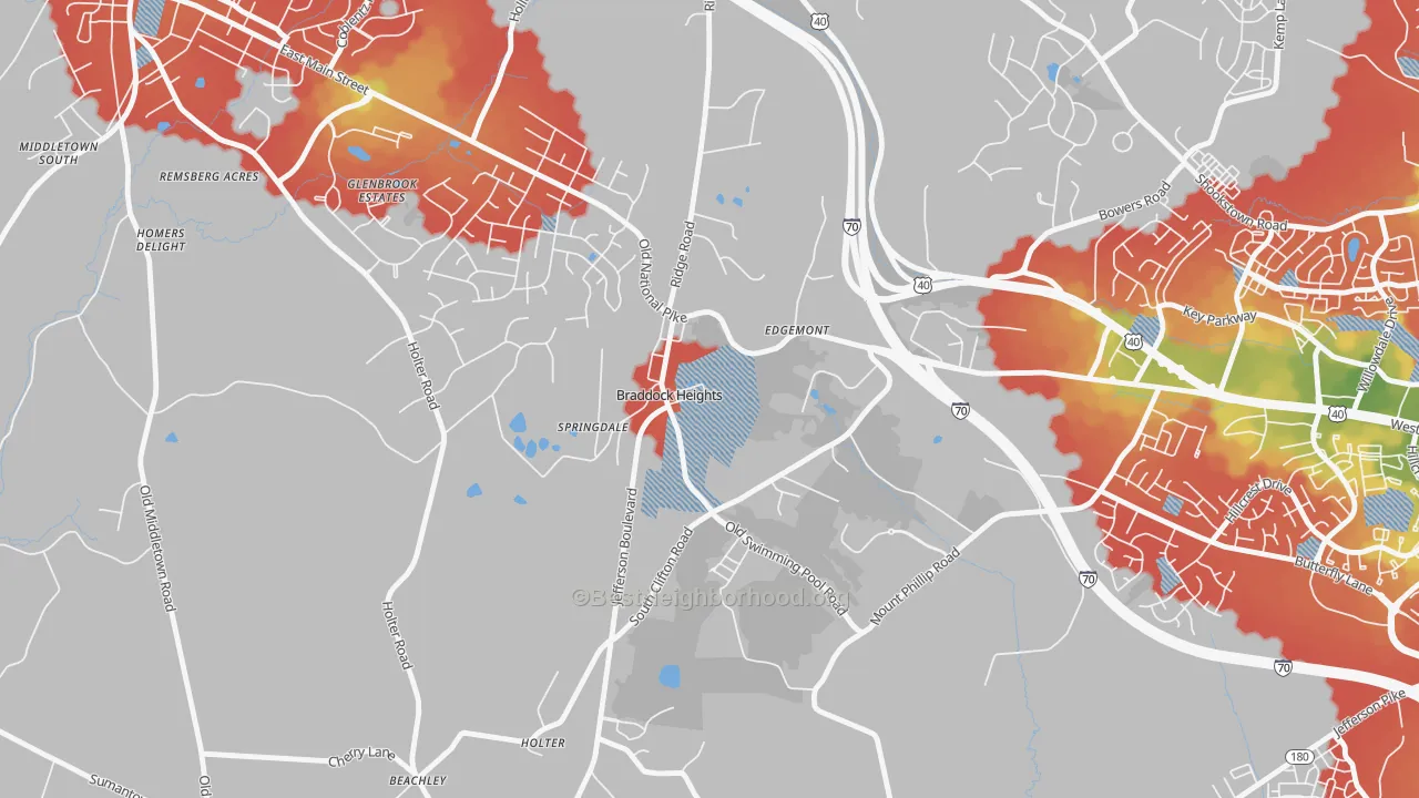 Walk Grade map of 21714, MD, walkable areas in green and car-dependent areas in red