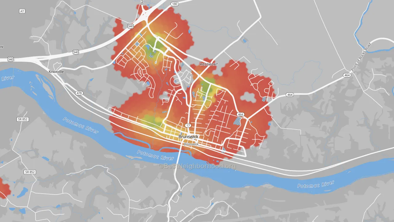 Walk Grade map of 21716, MD, walkable areas in green and car-dependent areas in red