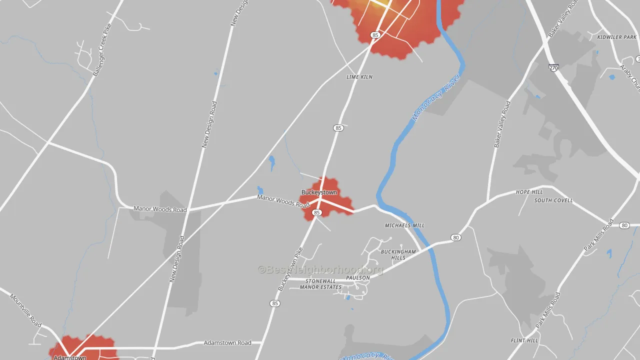 Walk Grade map of 21717, MD, walkable areas in green and car-dependent areas in red