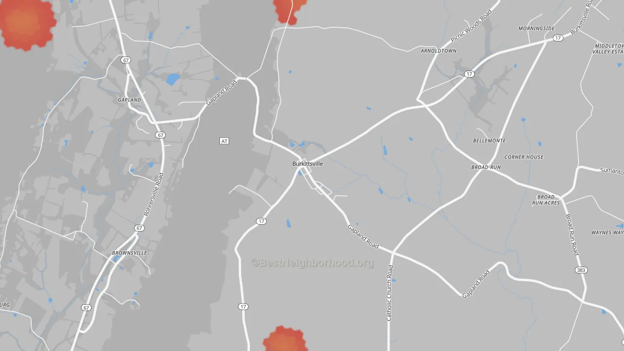 Walk Grade map of 21718, MD, walkable areas in green and car-dependent areas in red