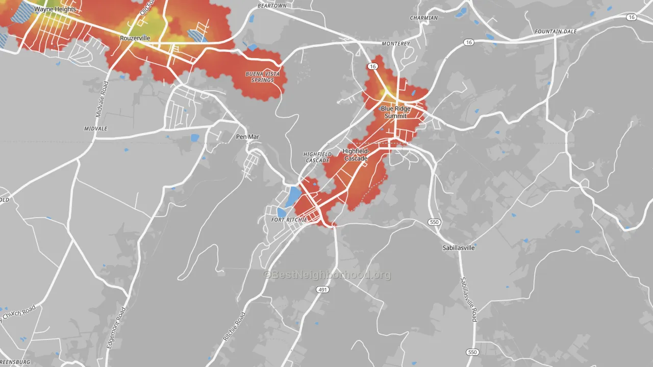 Walk Grade map of 21719, MD, walkable areas in green and car-dependent areas in red