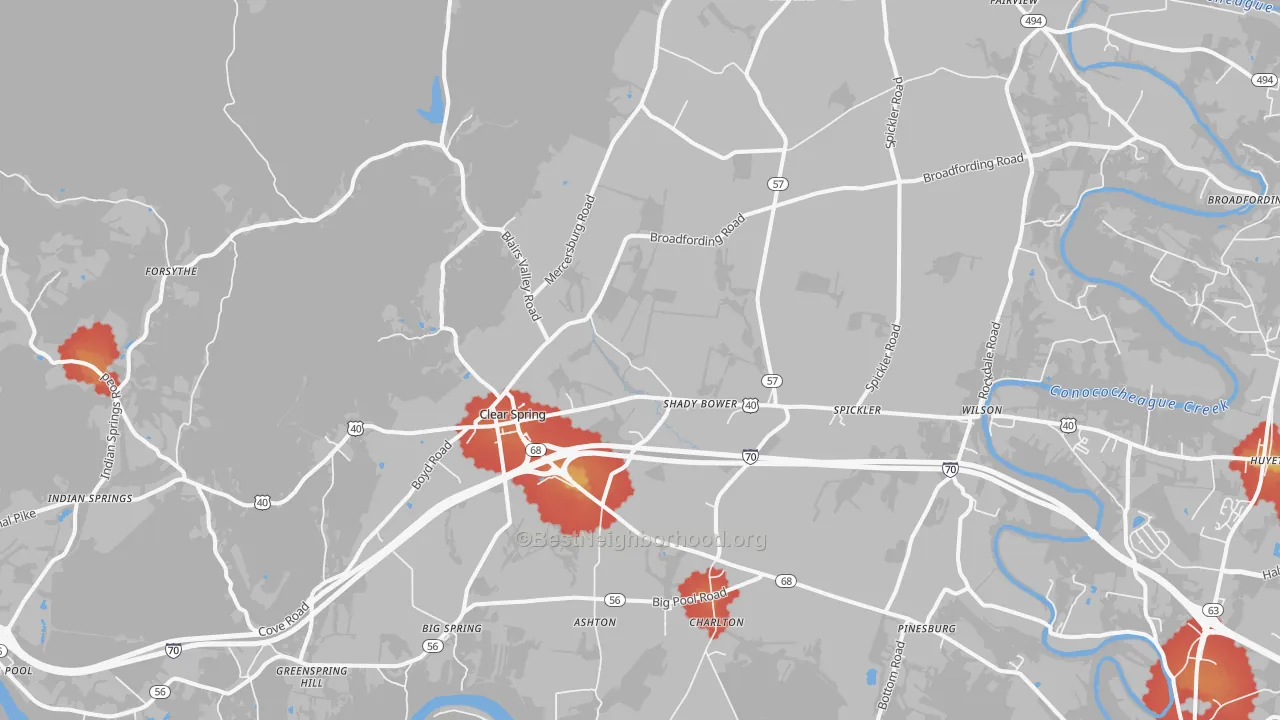 Walk Grade map of 21722, MD, walkable areas in green and car-dependent areas in red