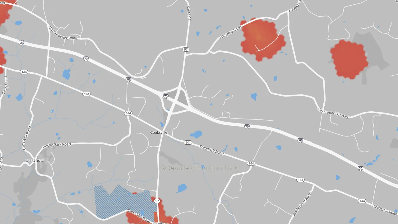 Walk Grade map of 21723, MD, walkable areas in green and car-dependent areas in red