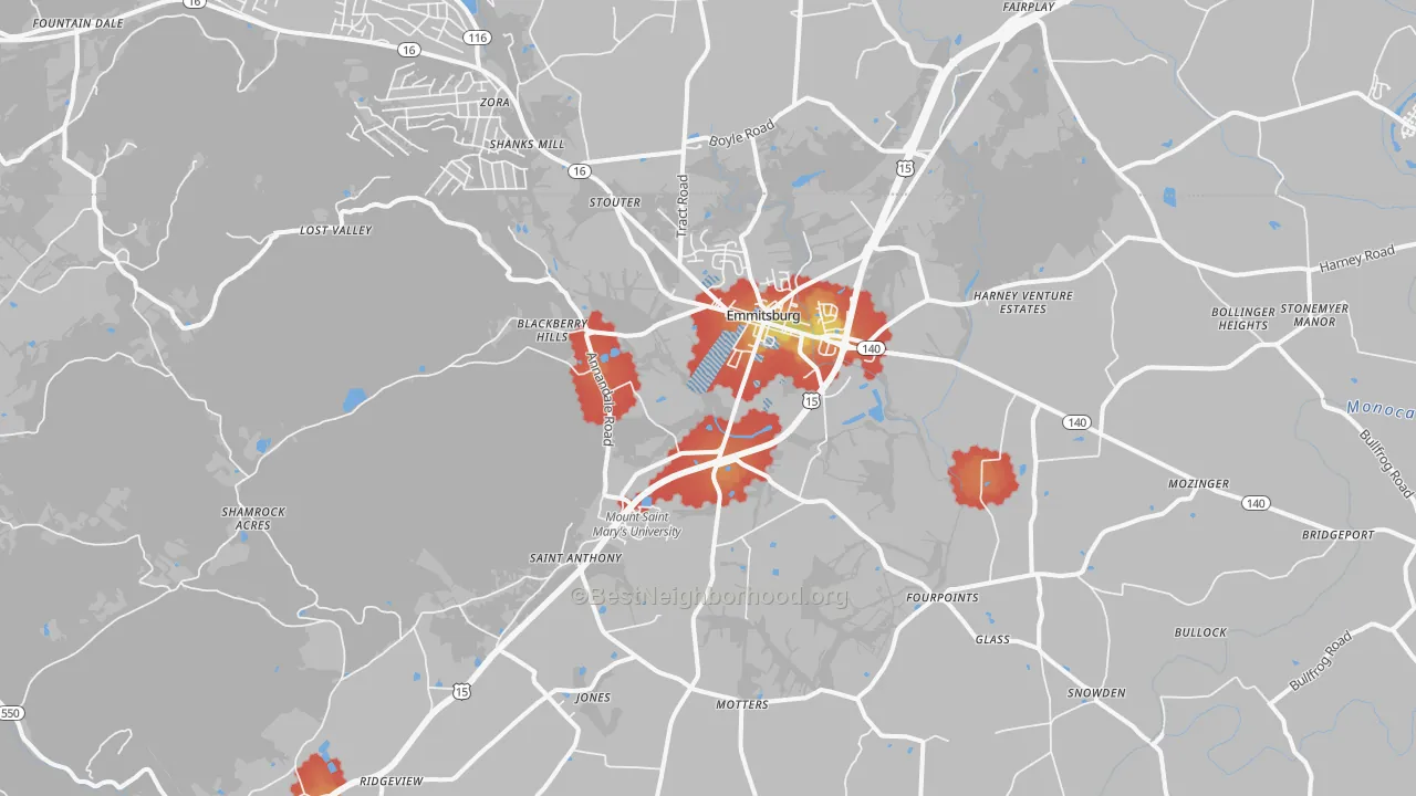 Walk Grade map of 21727, MD, walkable areas in green and car-dependent areas in red