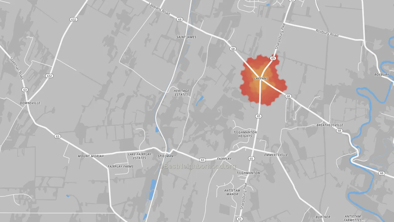 Walk Grade map of 21733, MD, walkable areas in green and car-dependent areas in red