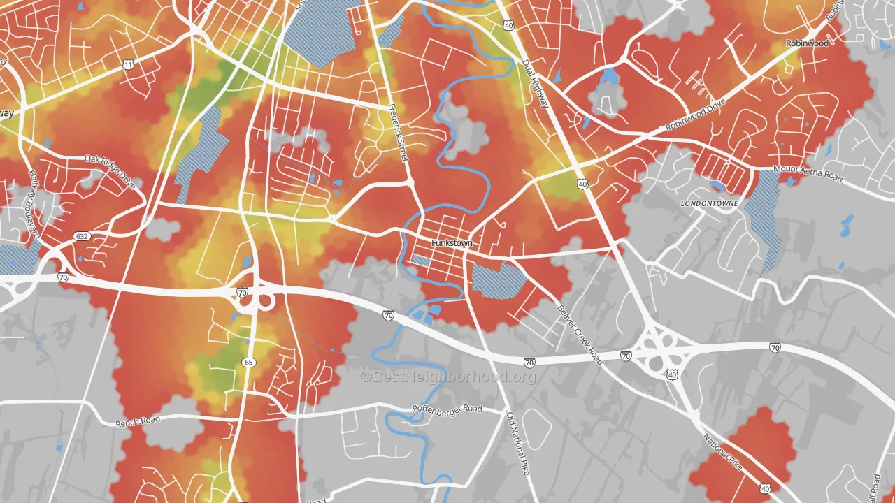 Walk Grade map of 21734, MD, walkable areas in green and car-dependent areas in red