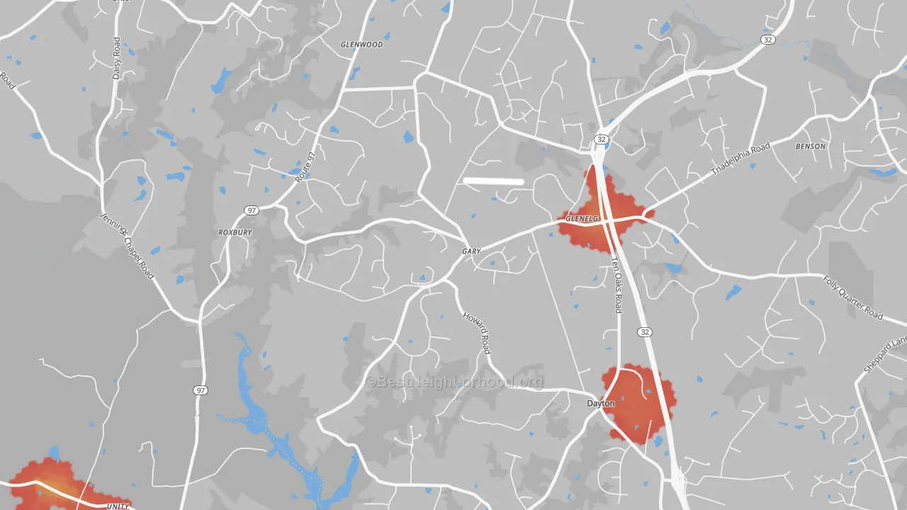 Walk Grade map of 21737, MD, walkable areas in green and car-dependent areas in red
