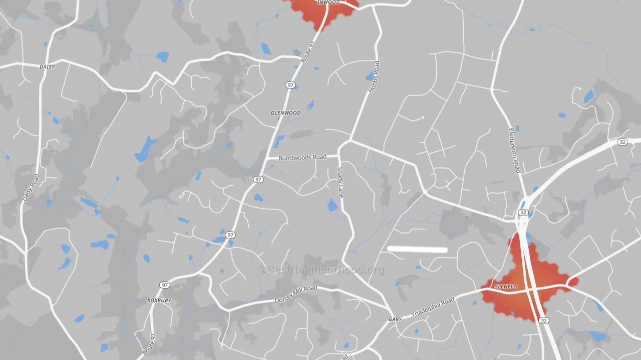 Walk Grade map of 21738, MD, walkable areas in green and car-dependent areas in red