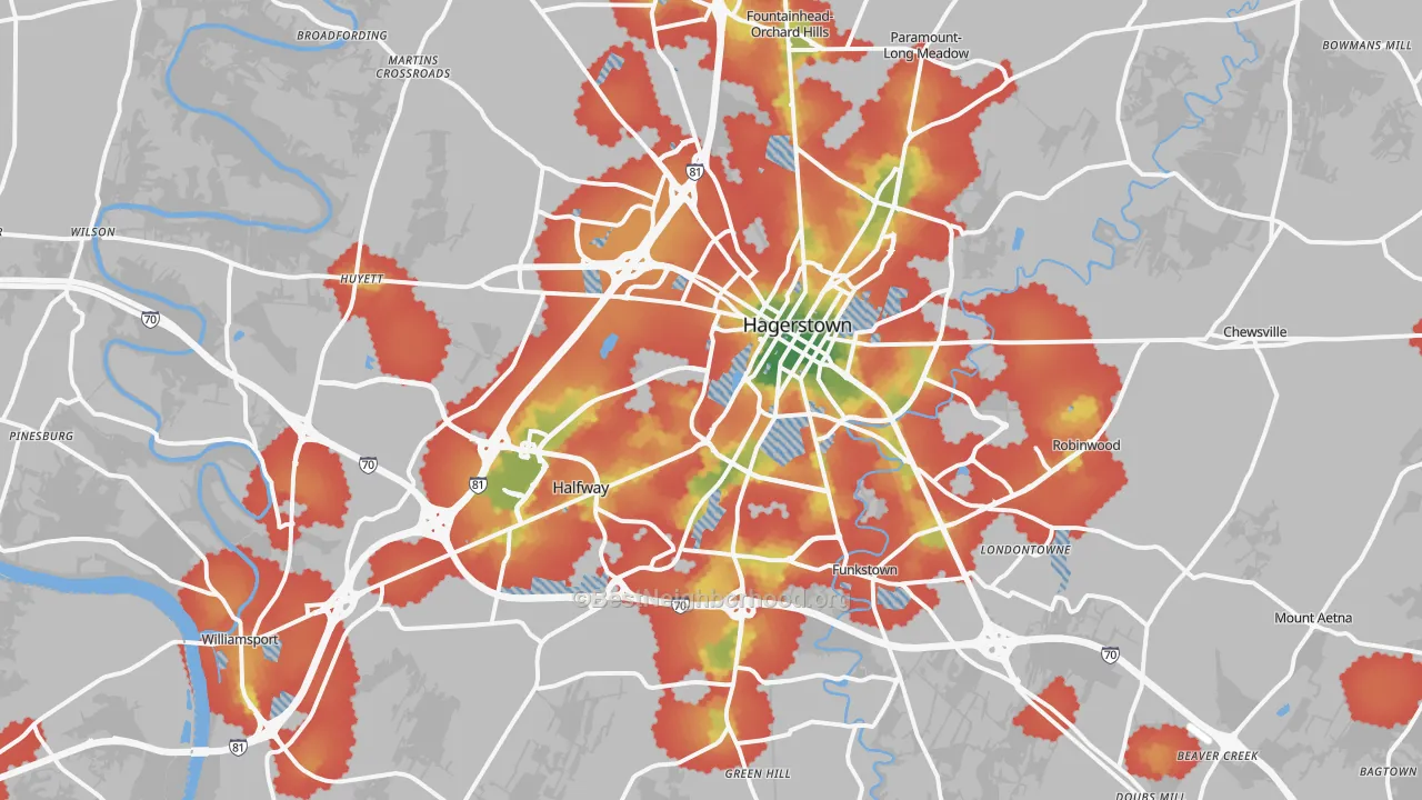 Walk Grade map of 21740, MD, walkable areas in green and car-dependent areas in red