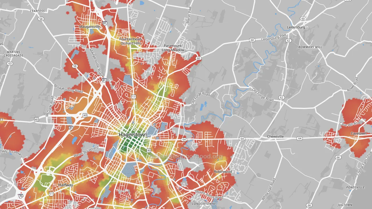 Walk Grade map of 21742, MD, walkable areas in green and car-dependent areas in red