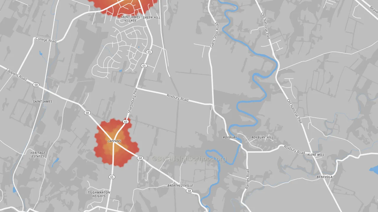 Walk Grade map of 21746, MD, walkable areas in green and car-dependent areas in red
