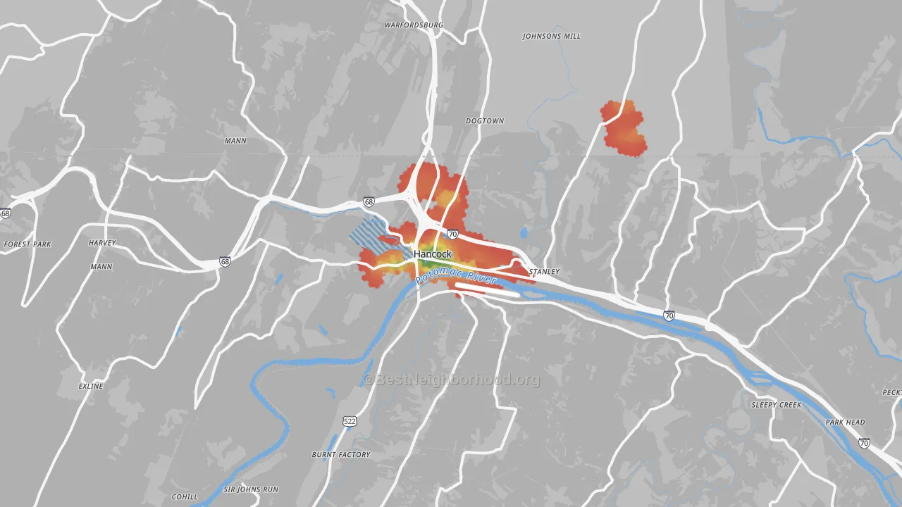 Walk Grade map of 21750, MD, walkable areas in green and car-dependent areas in red