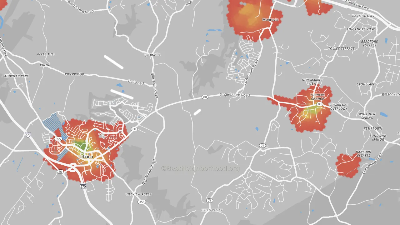 Walk Grade map of 21754, MD, walkable areas in green and car-dependent areas in red