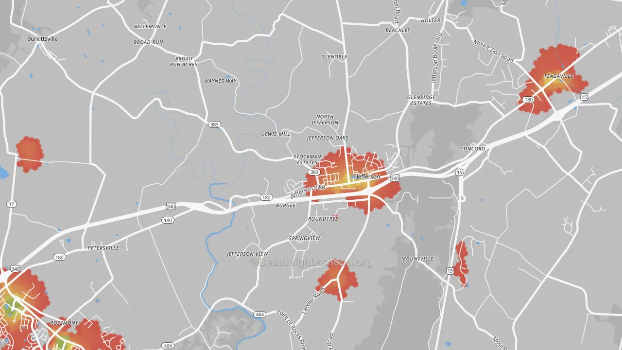 Walk Grade map of 21755, MD, walkable areas in green and car-dependent areas in red