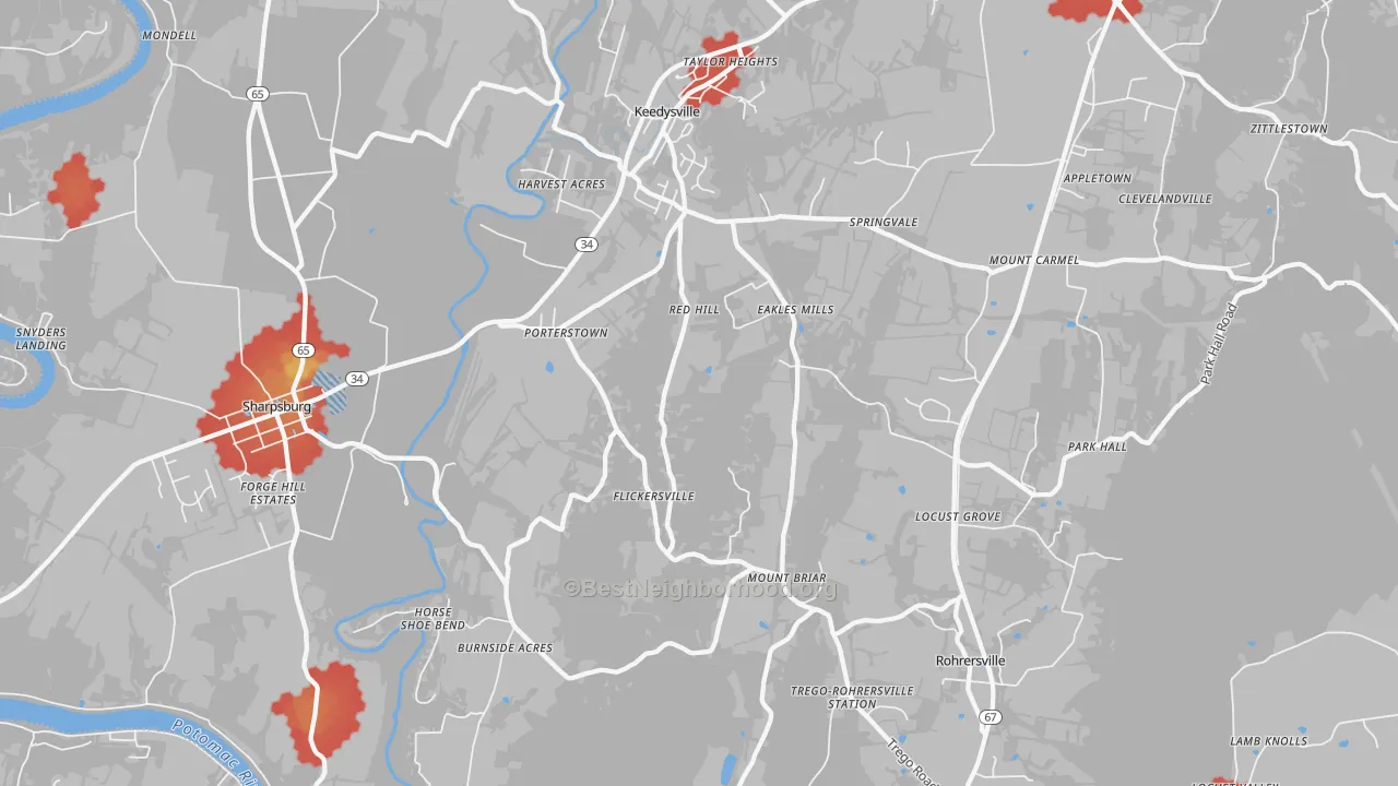 Walk Grade map of 21756, MD, walkable areas in green and car-dependent areas in red