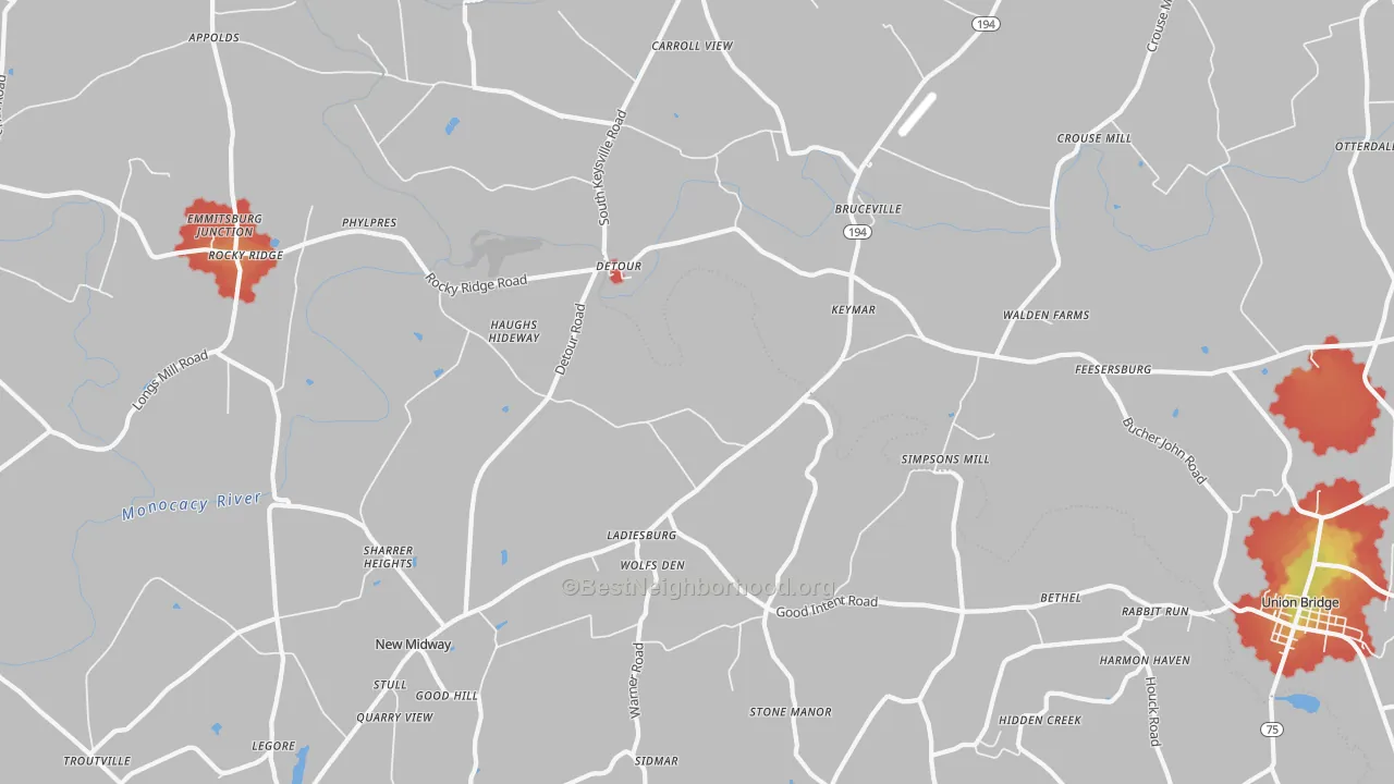 Walk Grade map of 21757, MD, walkable areas in green and car-dependent areas in red