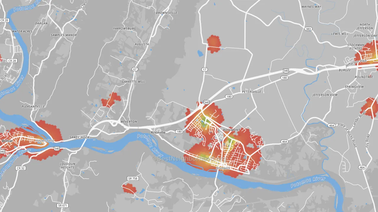 Walk Grade map of 21758, MD, walkable areas in green and car-dependent areas in red